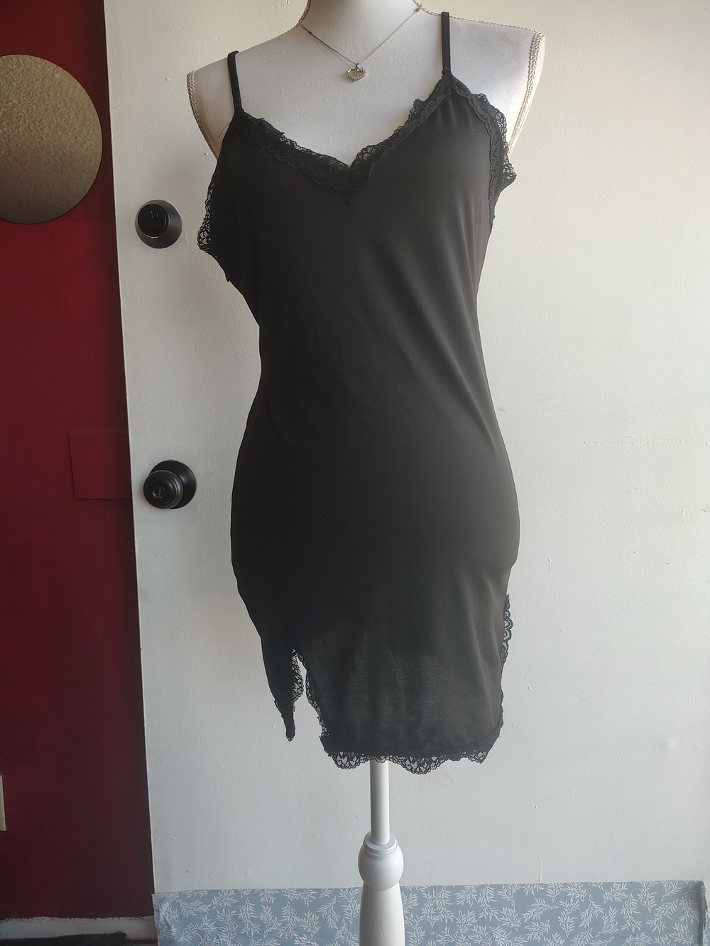 Black Lace-Trim Chemise with Spaghetti Straps